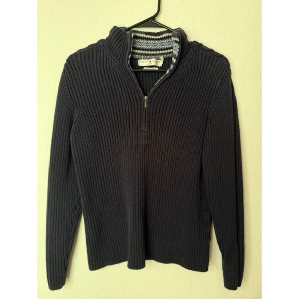 Tommy Hilfiger Jeans Mens XL Navy Blue Ribbed Quarter Zip Fair Isle Trim Sweater
